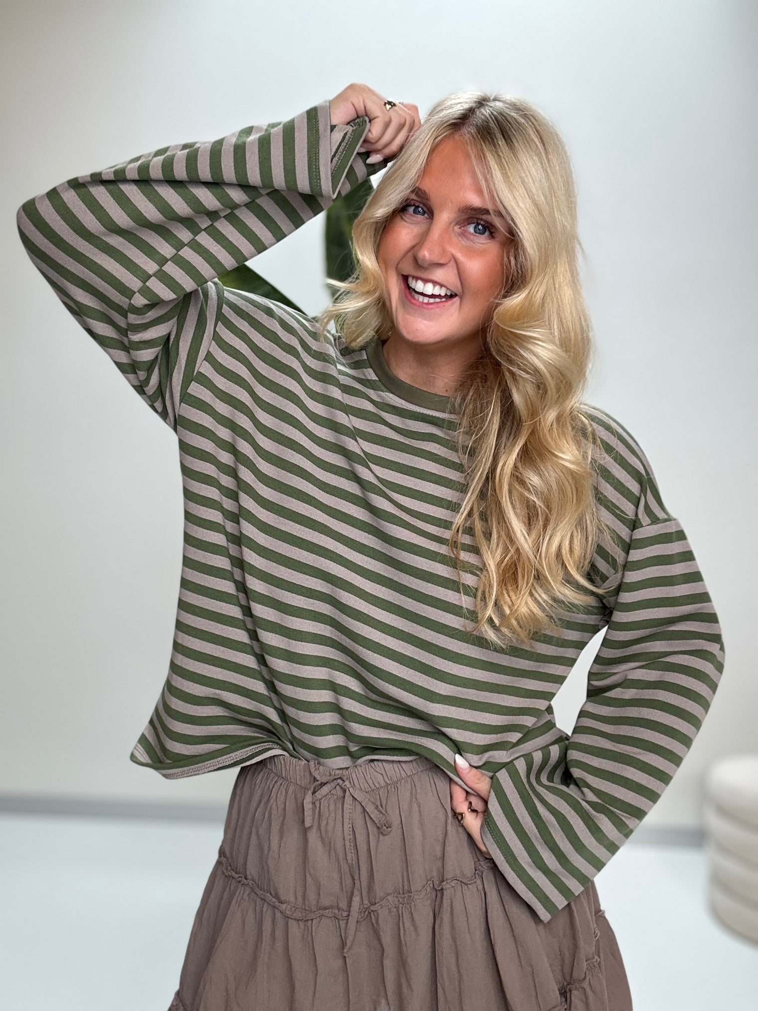 Longsleeve mit leicht ausgestelltem Ärmel STRIPES hell-/dunkelgrün