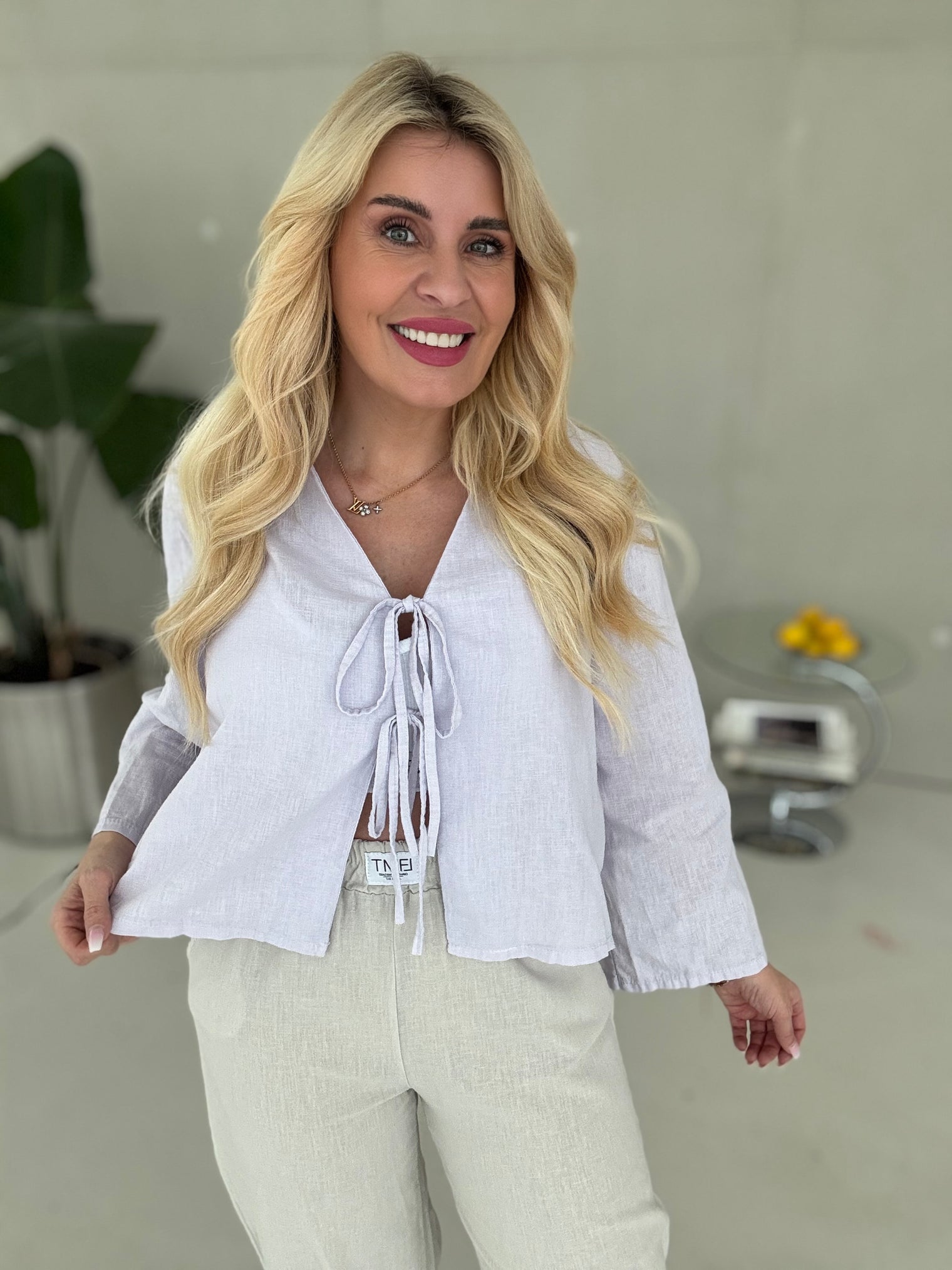 LEINEN Bluse langarm CANDY FLIEDER mit Schleifchen