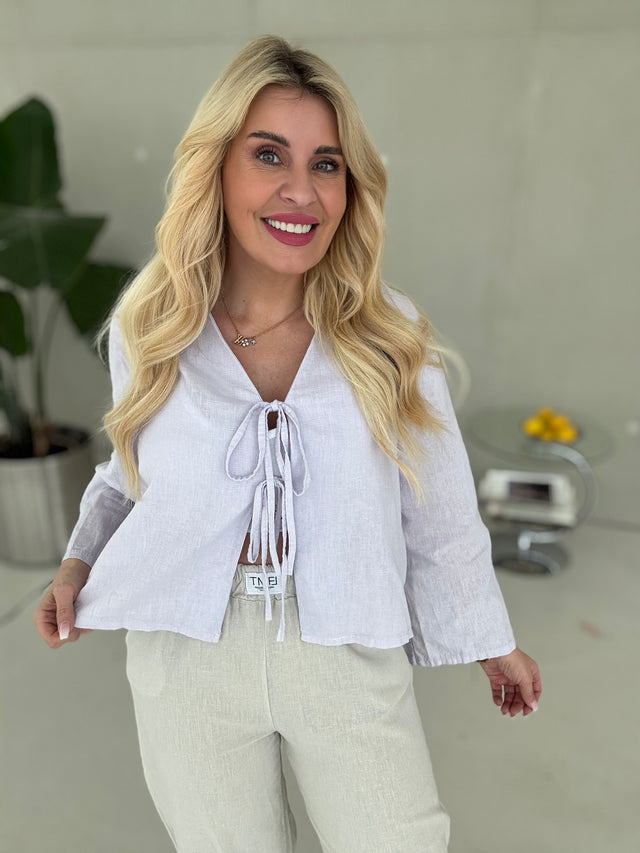 LEINEN Bluse langarm CANDY FLIEDER mit Schleifchen