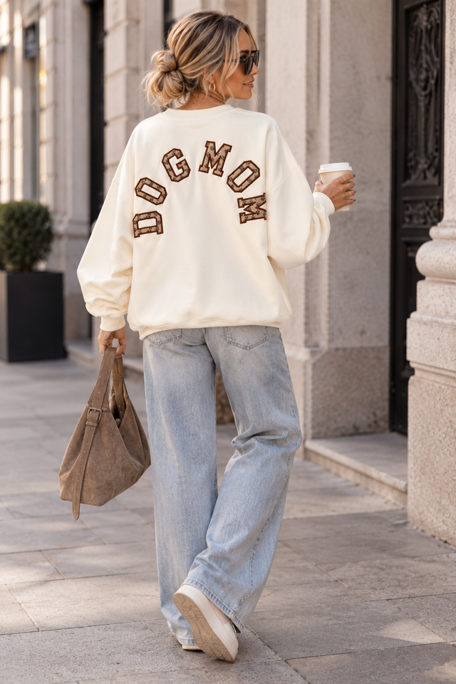 Sweater mit Rückenprint DOG MOM creme