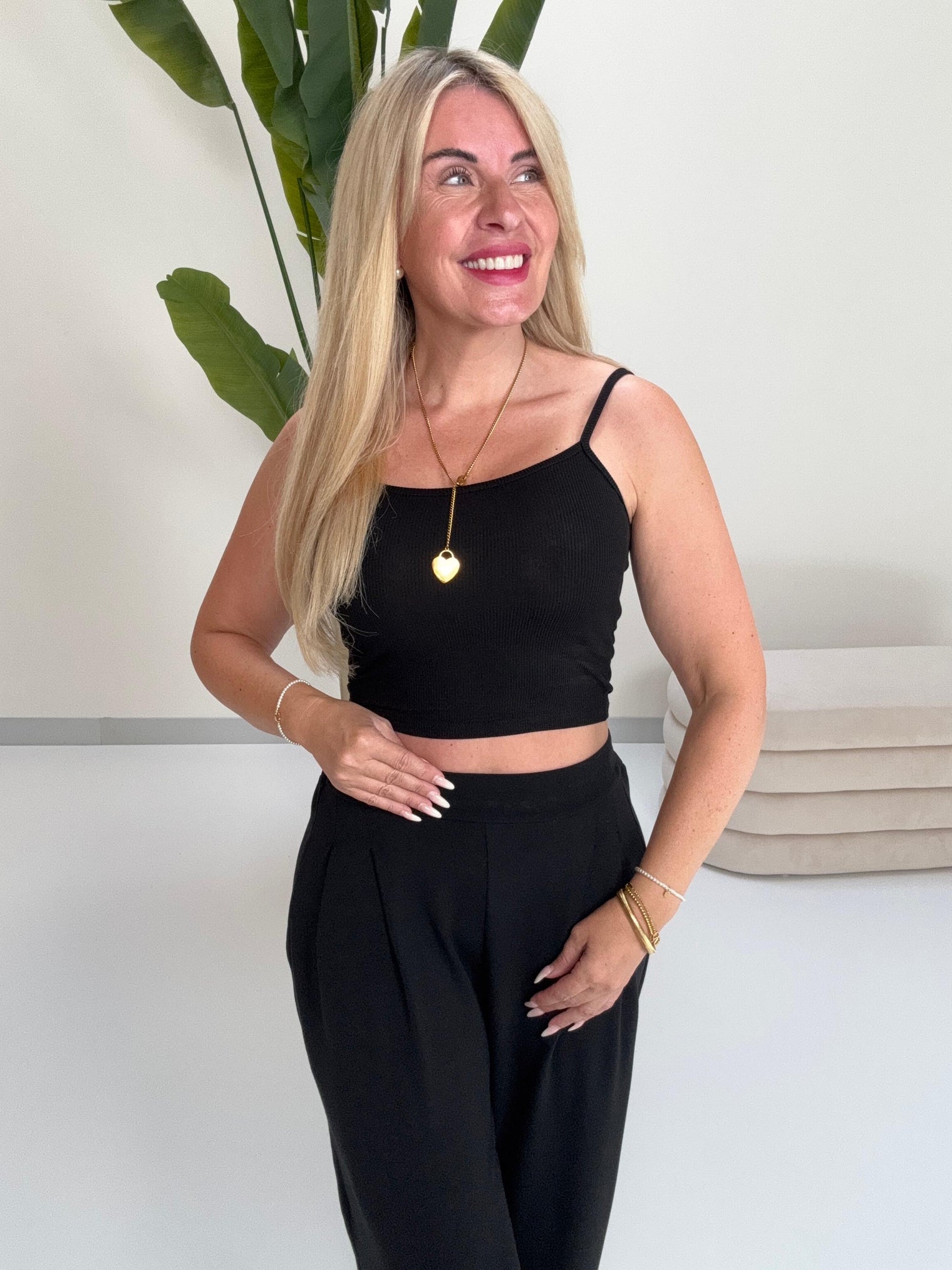 Ripp Spaghettiträger Top Cropped schwarz