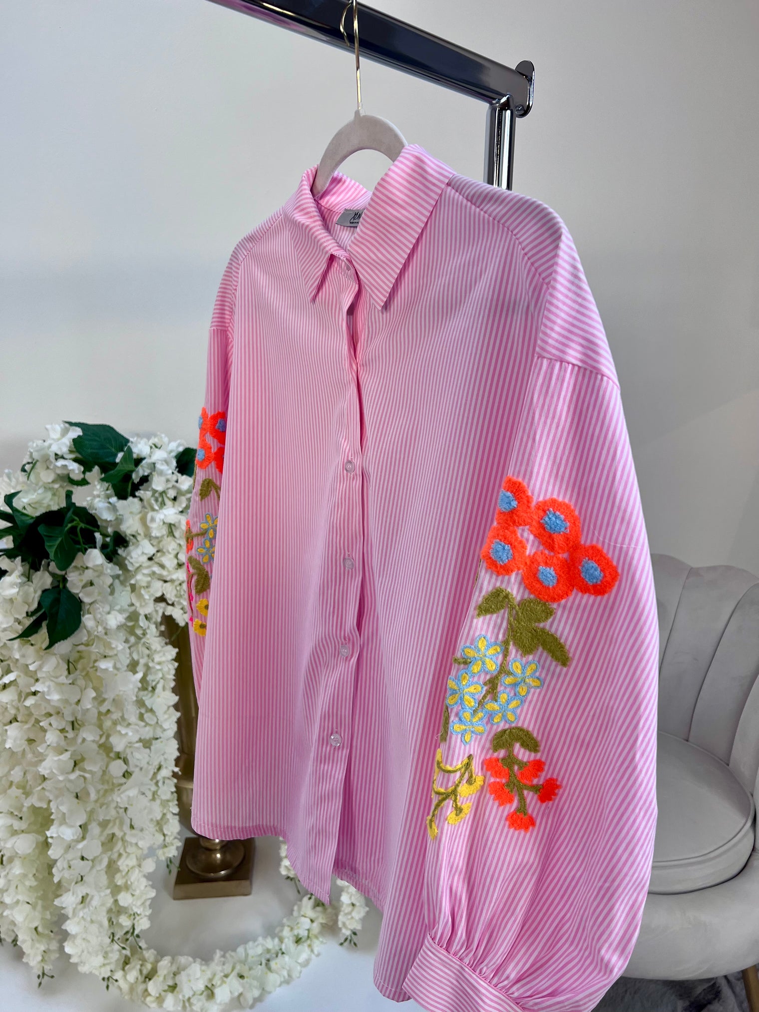 Bluse mit Stickereien LADY LIKE rosa/weiß gestreift