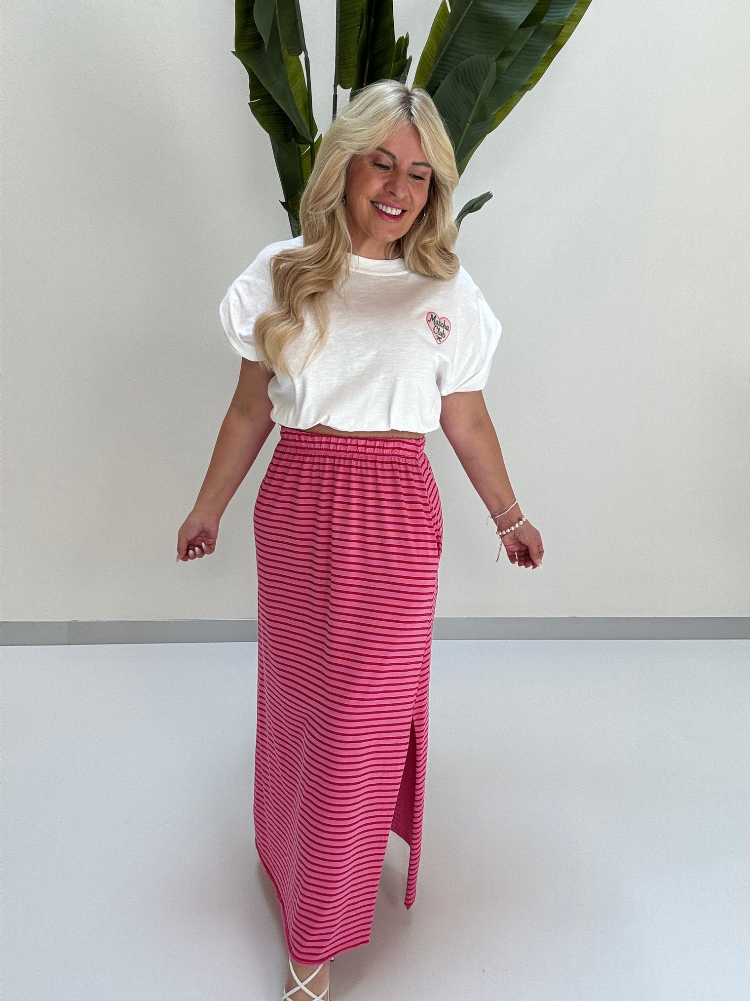Rock mit Schlitzen & seitlichen Eingriff Taschen pink/rot gestreift