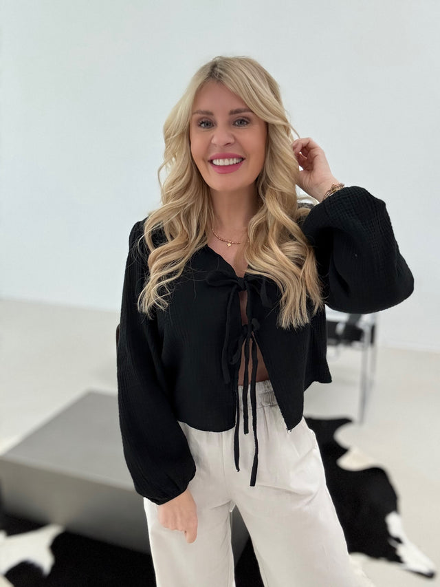 Signature Musselin Bluse mit Schleifchen Cropped SCHWARZ