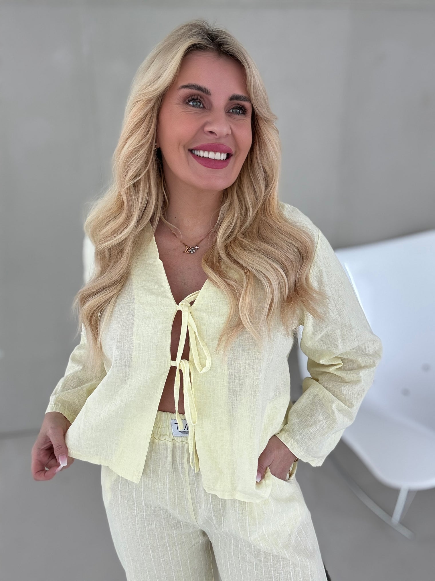 Leinen Bluse langarm BUTTERMILK LEMON mit Schleifchen