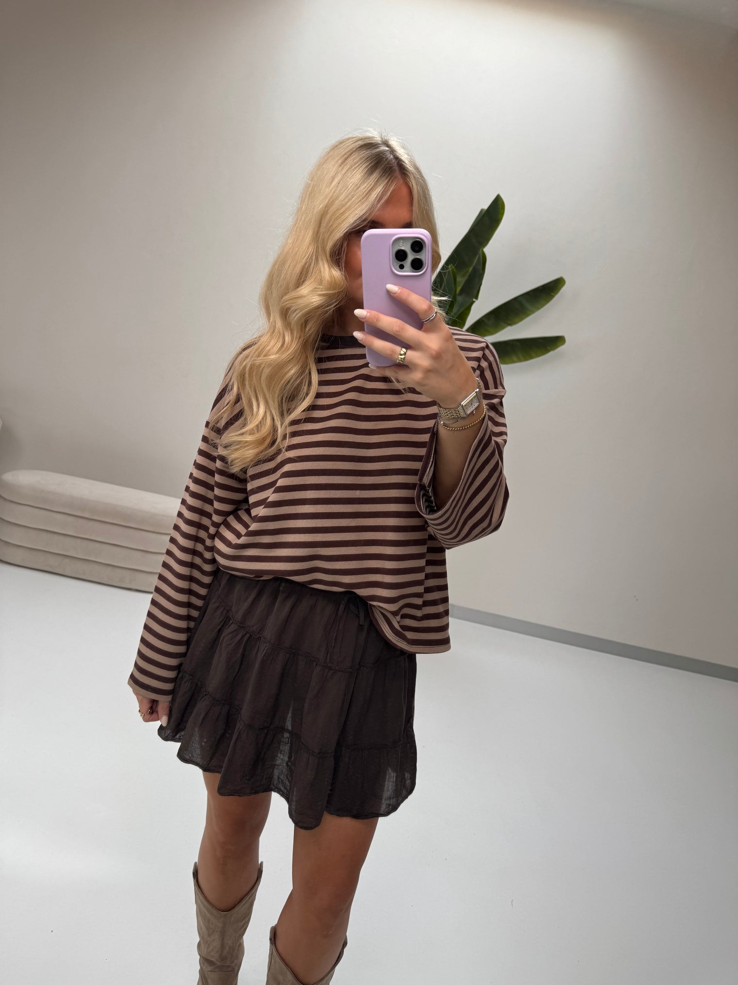 Longsleeve mit leicht ausgestelltem Ärmel STRIPES mocha/coffee