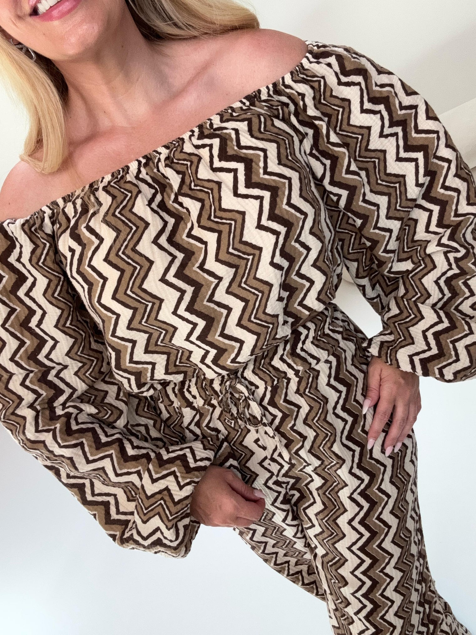 Musselin Carmen Bluse On FIRE creme/taupe/schwarz