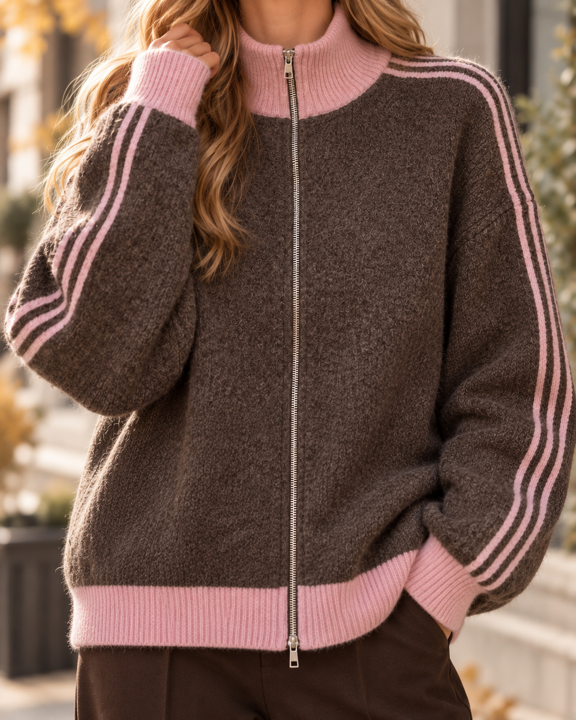 Kuschelweiche Zipper Strickjacke mit seitlichen Streifen taupe/rosa