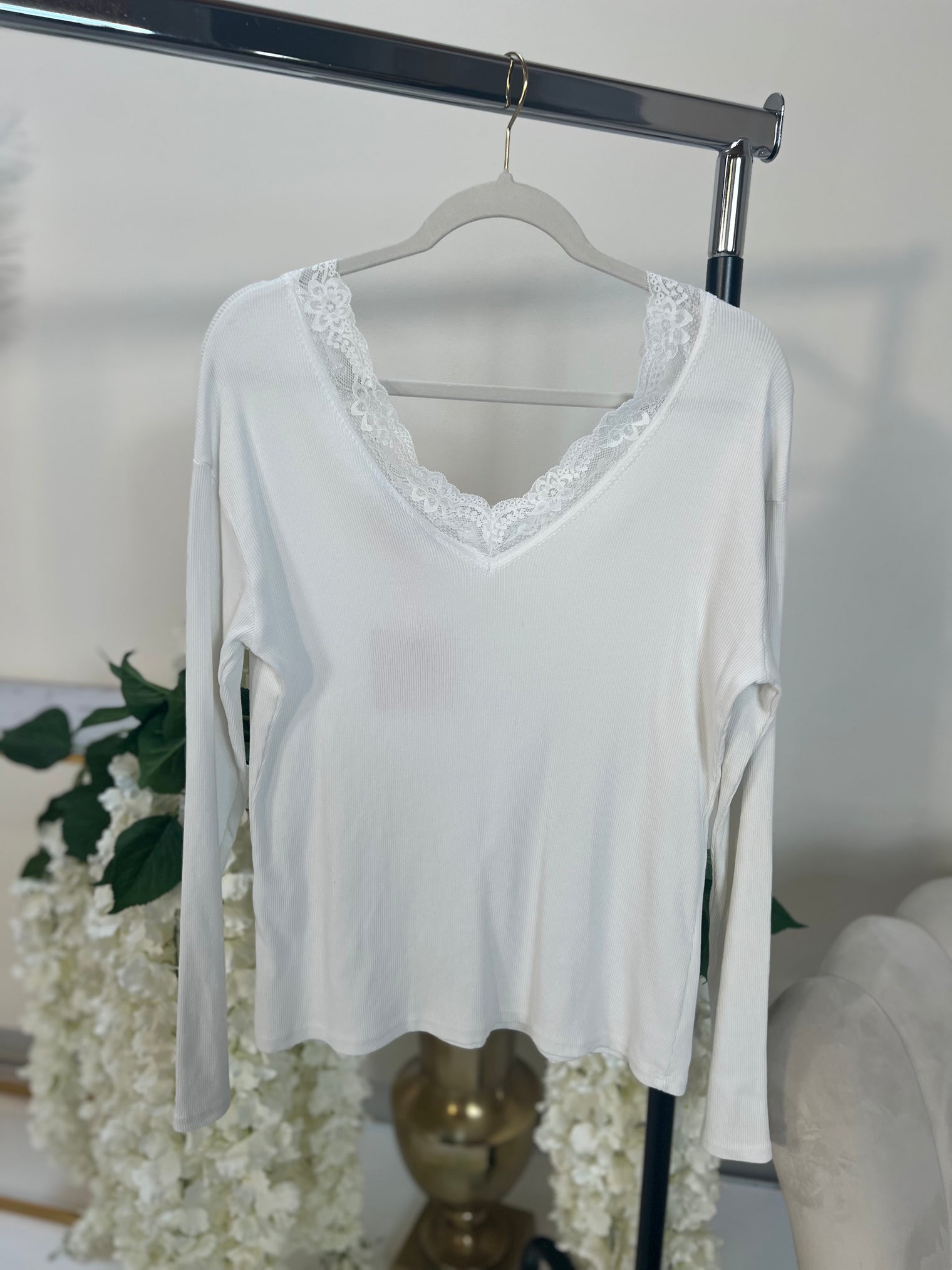 Langarmshirt weiß LUXURY BASIC mit Spitze