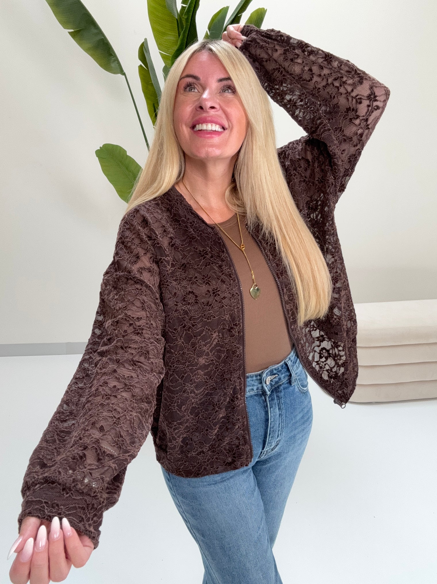 Blouson Spitzen Zipper Jacke LOME ME LACE chocolate