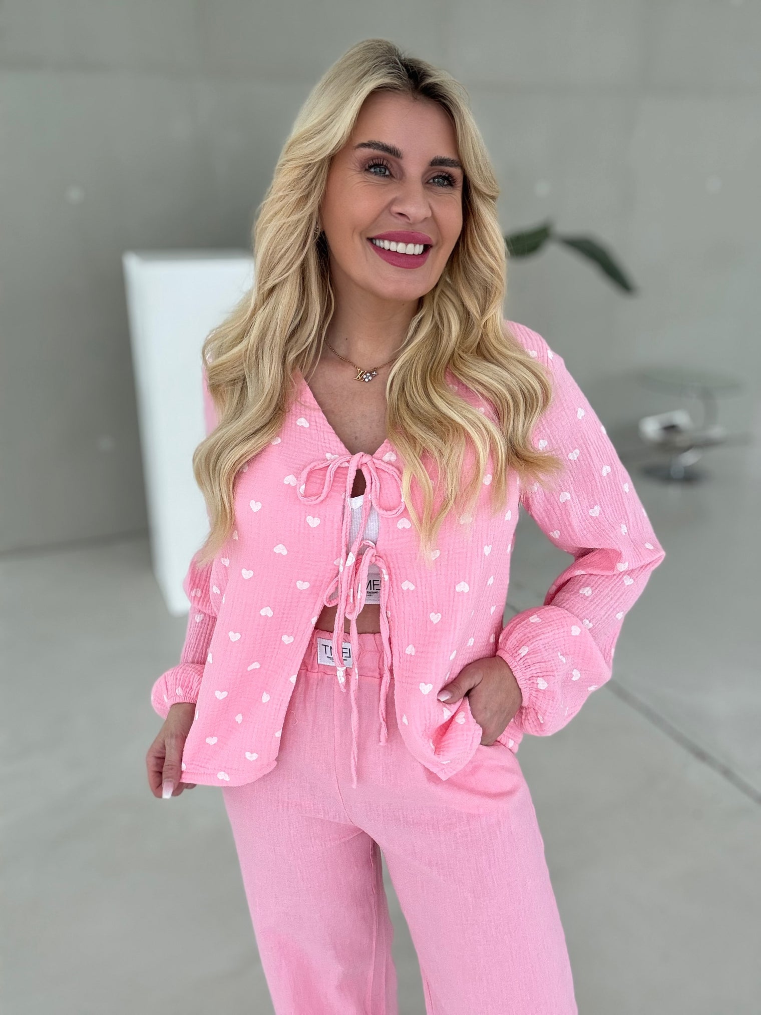 Musselin Bluse HEARTS zum binden rosa/weiß