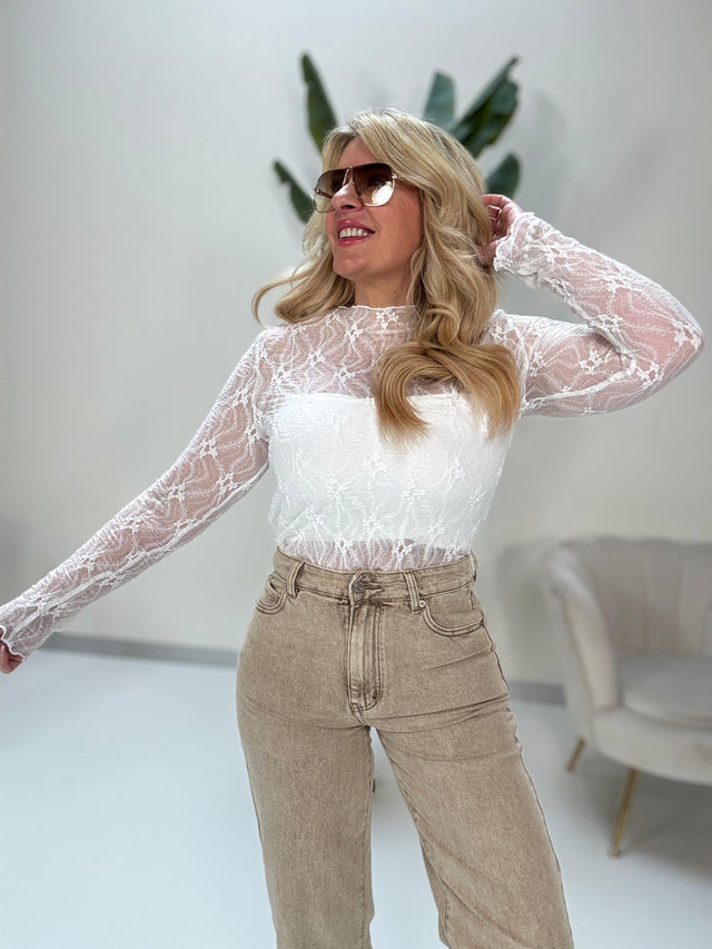 Mesh Langarmshirt FEELING LIKE A QUEEN weiß