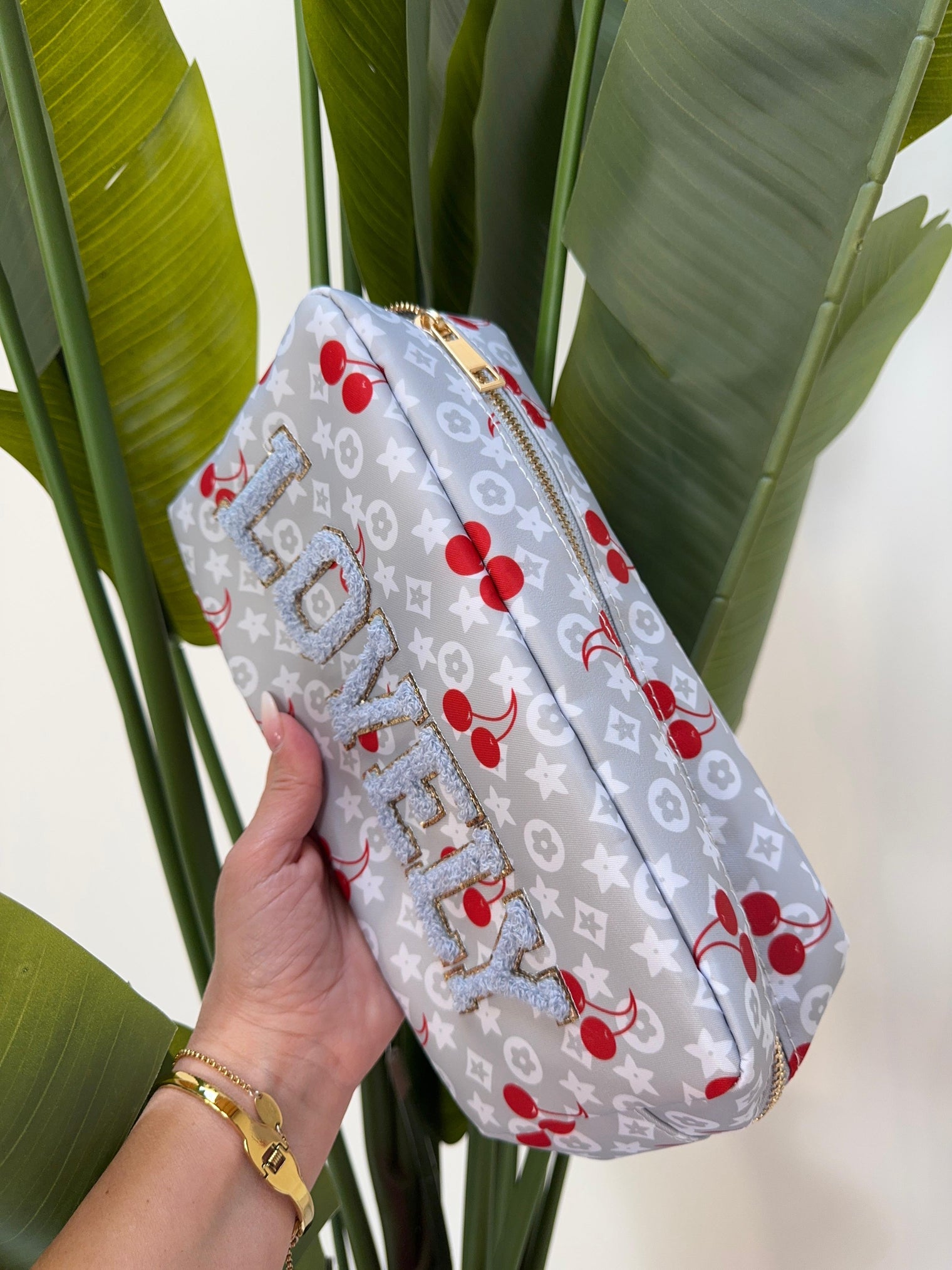 Long Bag LOVELY grau/hellblau/rot mit Kirschen