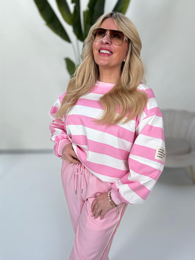 Lightweight Sweater STRIPES rosa/weiß gestreift mit Patch