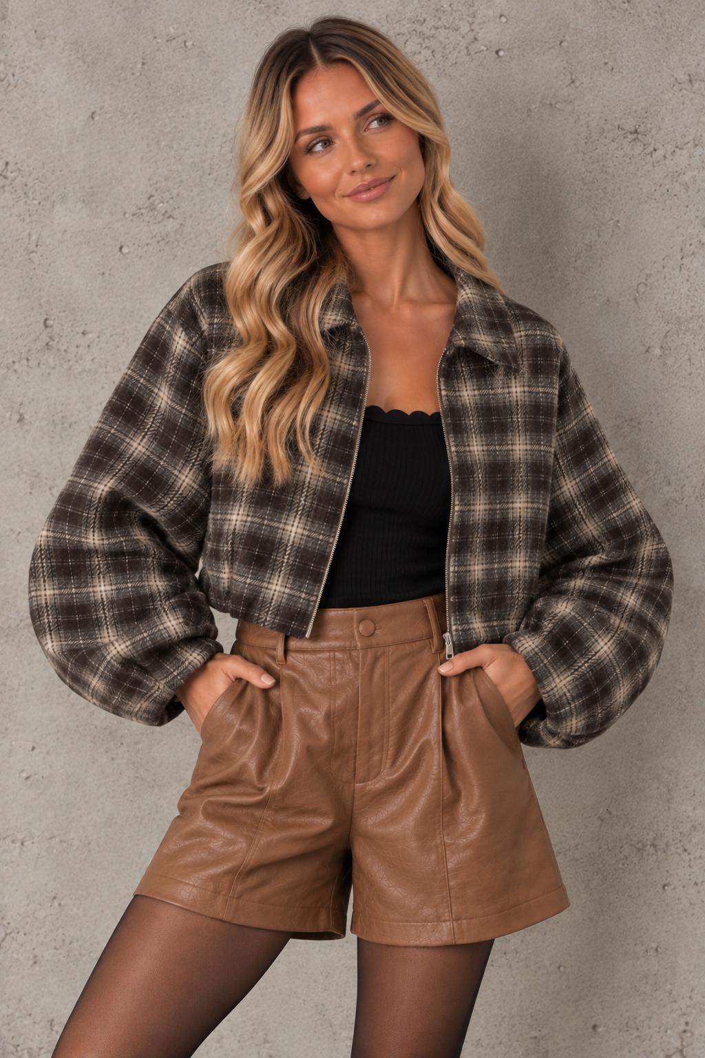 Cropped Flanell Jacke KARO chocolate/beige