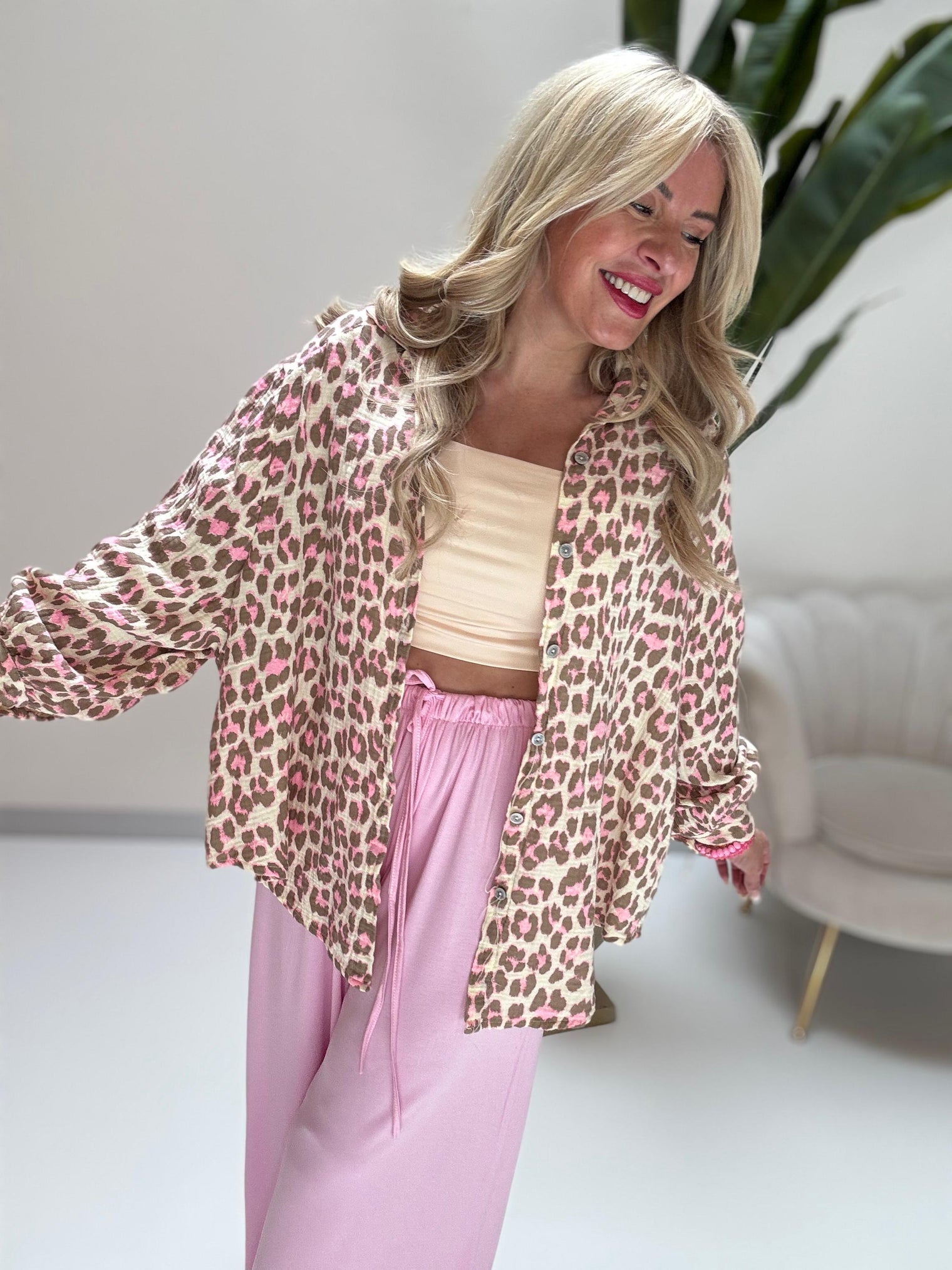 Musselin Bluse creme LEO POWER beige/rosa