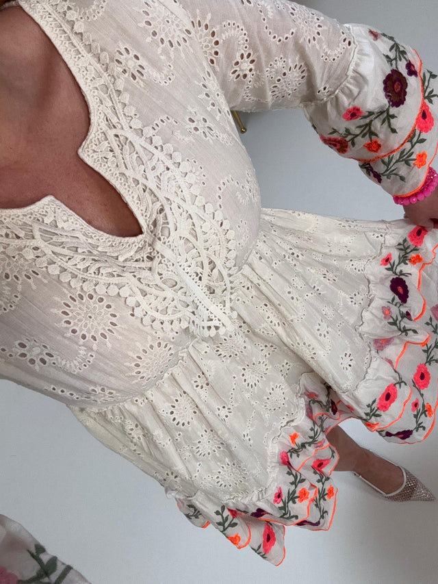BOHO Kleid kurz FLOWER FAIRYTALE weiß
