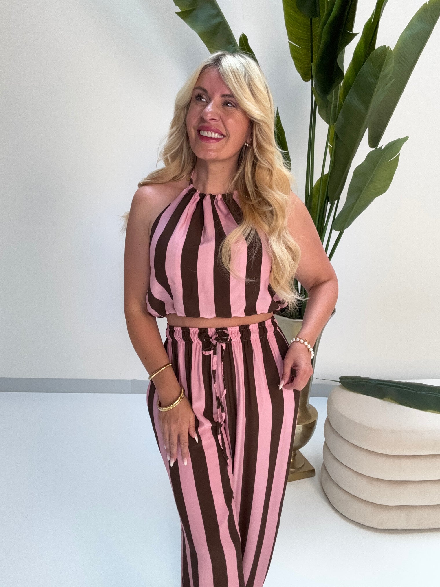 Neckholder Top zum binden BIG BLOCK STRIPES dark chocolate/rosa