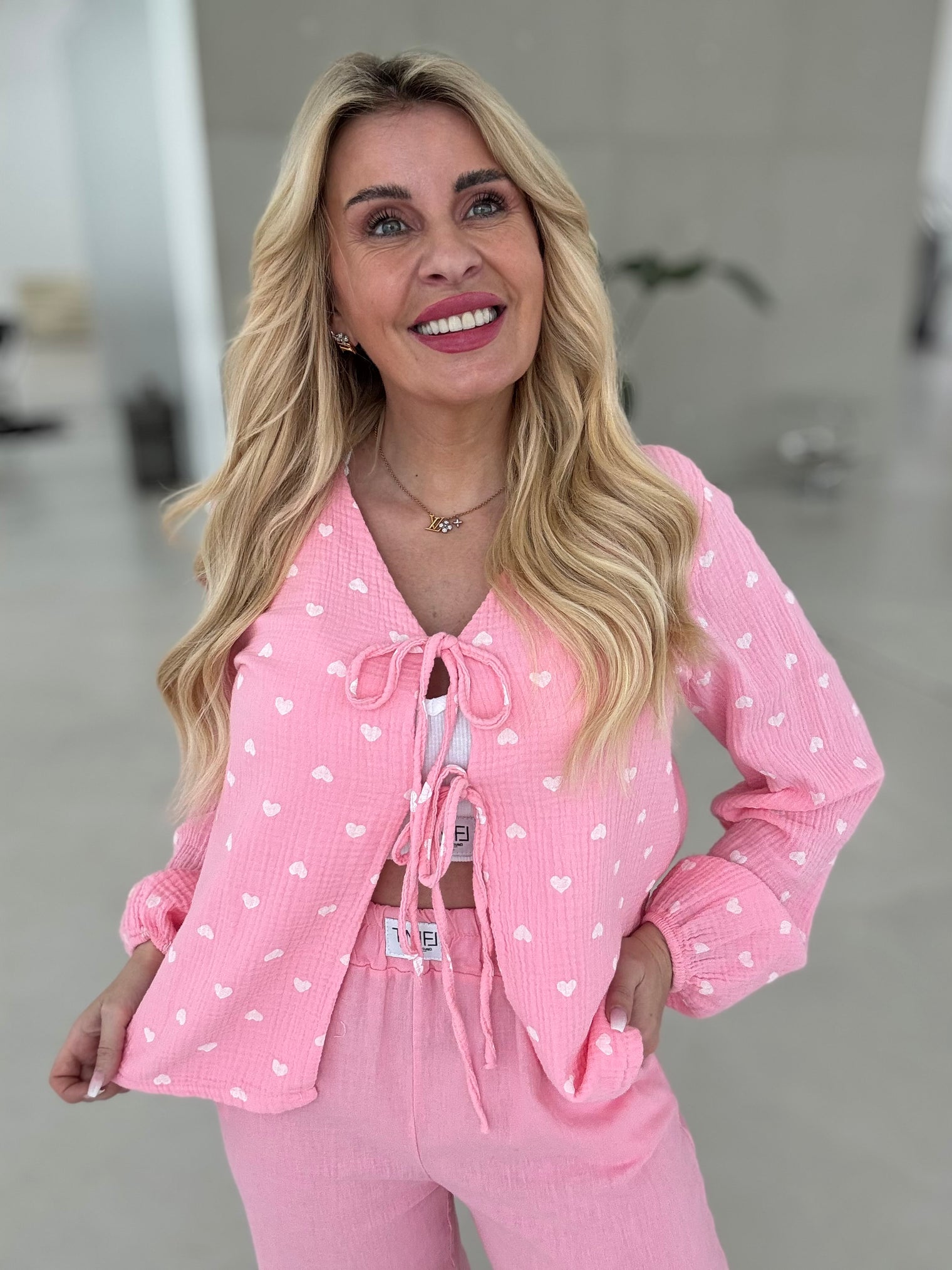 Musselin Bluse HEARTS zum binden rosa/weiß