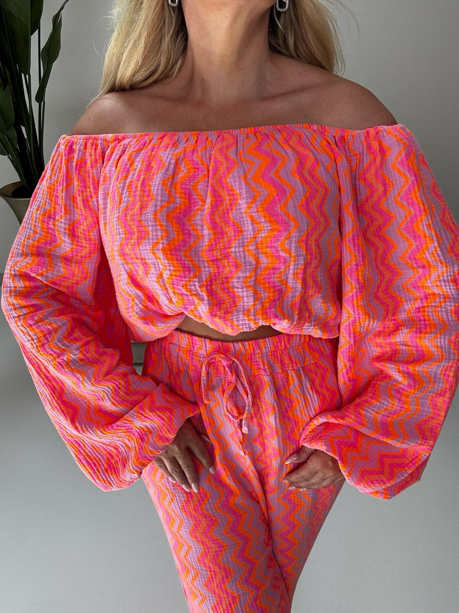 Musselin Carmen Bluse On FIRE rosa/pink/orange