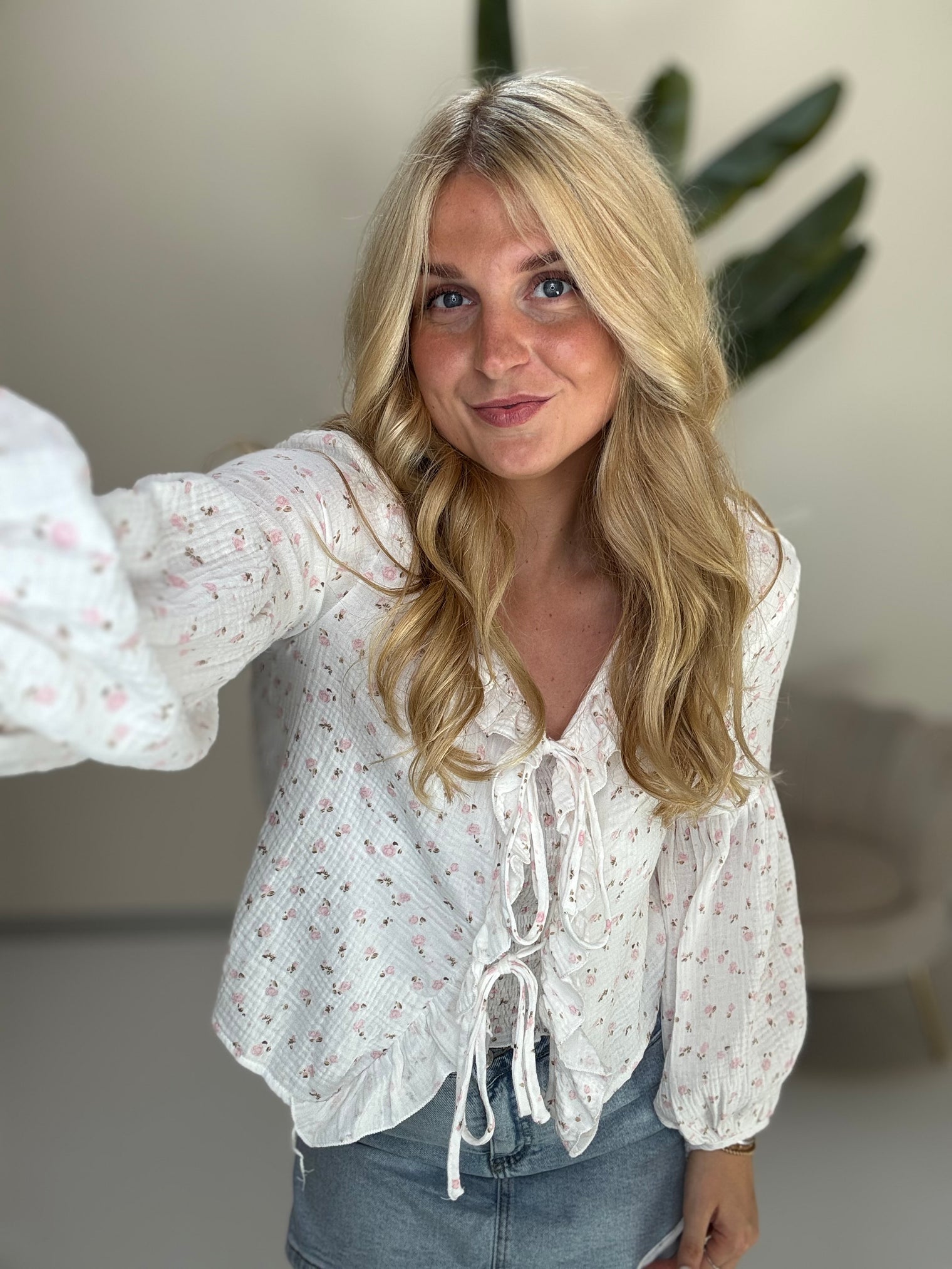 Musselin Bluse FLOWER KISS zum binden weiß/rosa