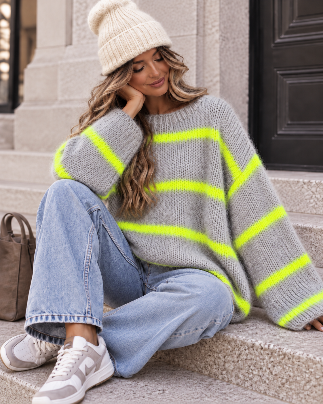 Kuscheliger Strickpullover COZY DREAM grau/gelb