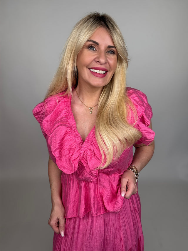 ärmellose Bluse Volants mit Gummizug Hot Fuchsia