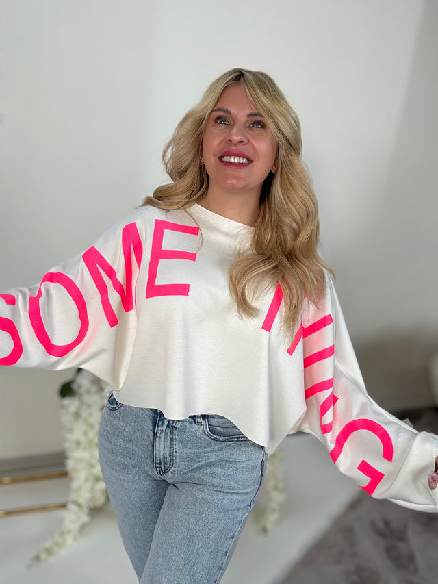 Cropped Sweatshirt SOME THING weiß/pink