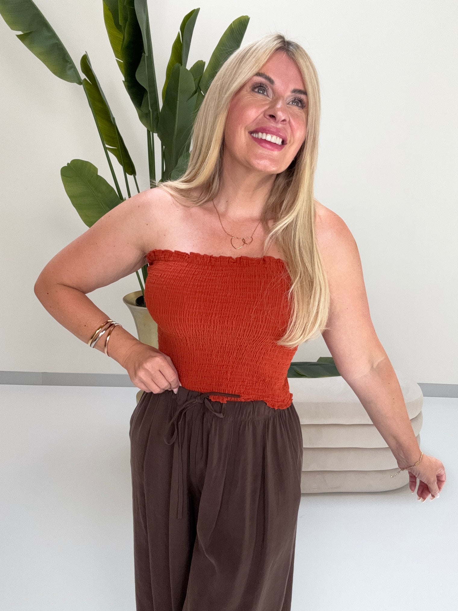 Musselin Bandeau Top mit elastischem Gummizug rostrot