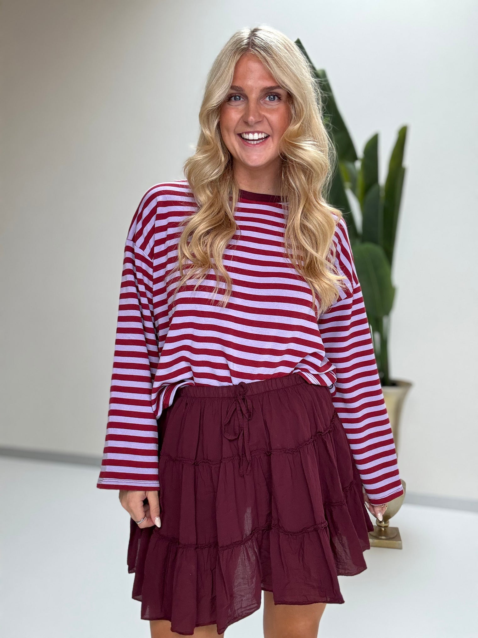 Longsleeve mit leicht ausgestelltem Ärmel STRIPES burgundy/hellblau