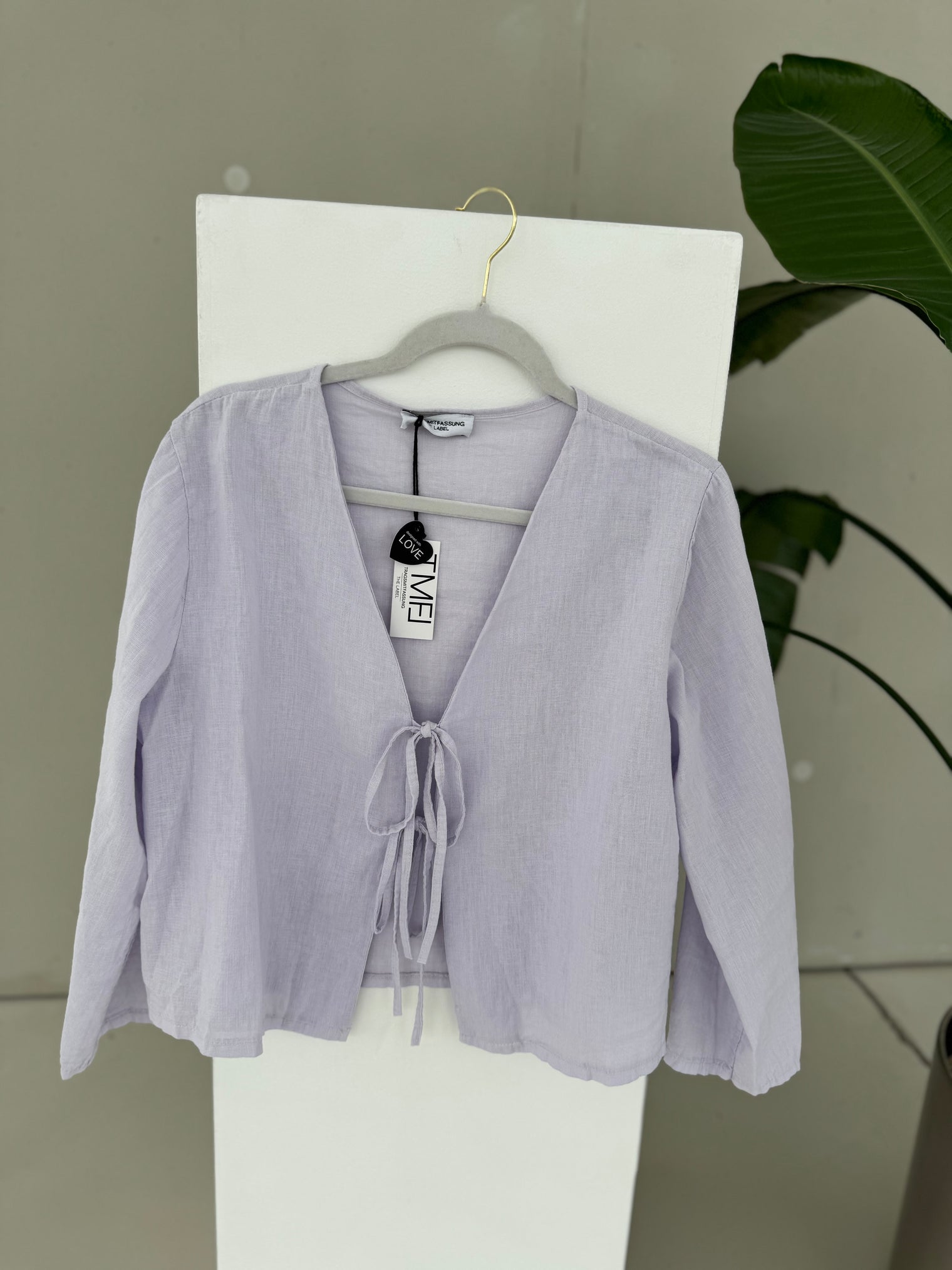 LEINEN Bluse langarm CANDY FLIEDER mit Schleifchen