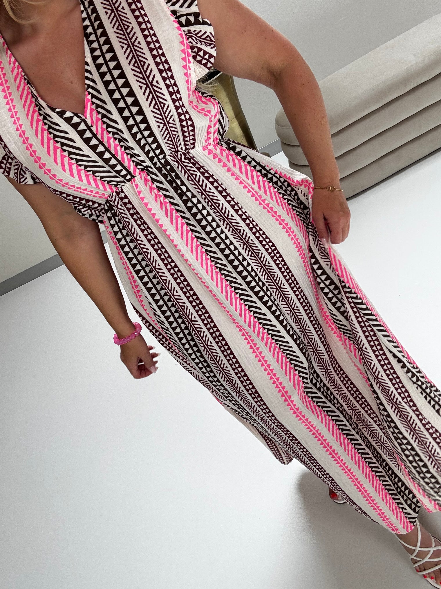 Signature Boho Musselin Kleid weiß EDGY ETHNO POWER braun/rosa