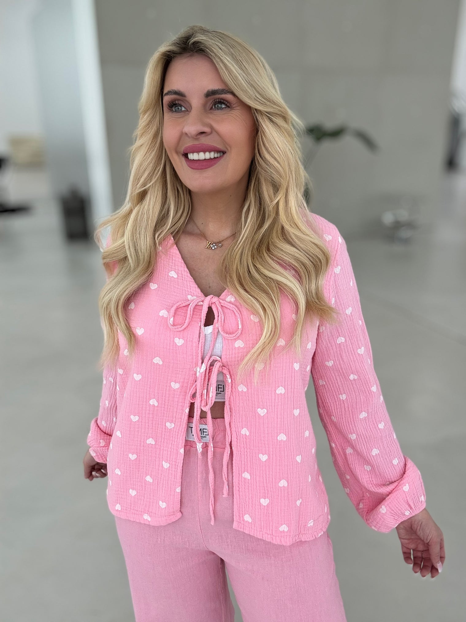 Musselin Bluse HEARTS zum binden rosa/weiß