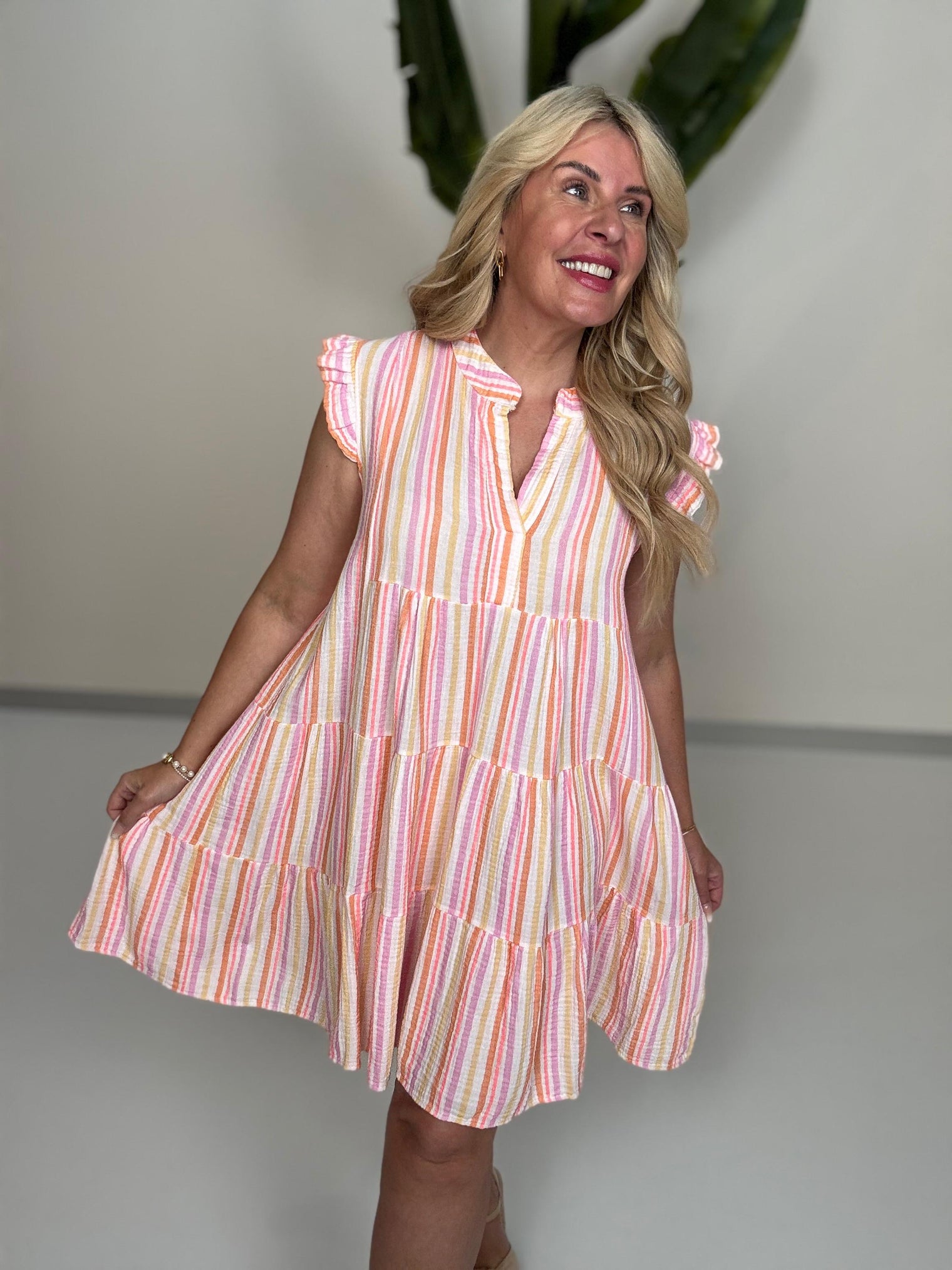 Signature Musselin Kleid kurz weiß SMALL STRIPES pastell rosa/peach/gelb