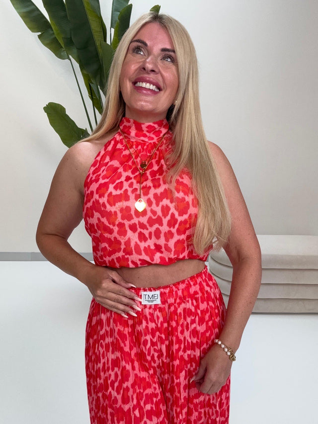 Neckholder Top mit Bindedetail rosa LEO POWER rot/orange