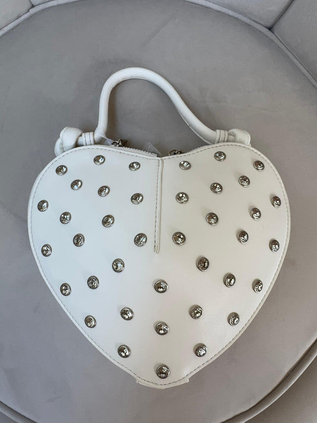 Hänkeltasche weiß HEART BEAT mit Glitzersteinen & Umhängegurt