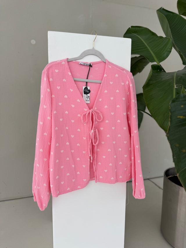 Musselin Bluse HEARTS zum binden rosa/weiß