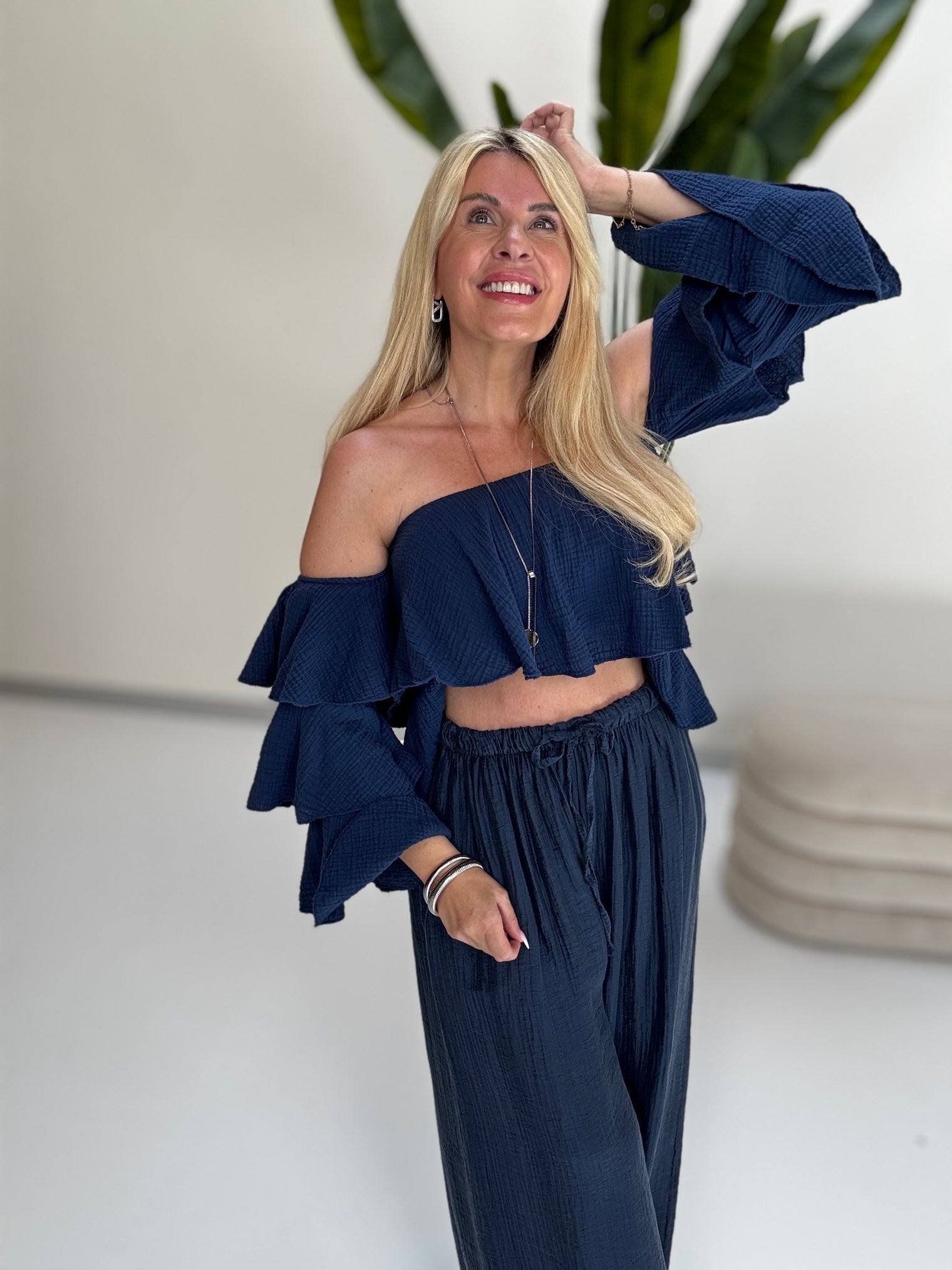 Musselin Carmen Bluse BOHO CHIC blueberry