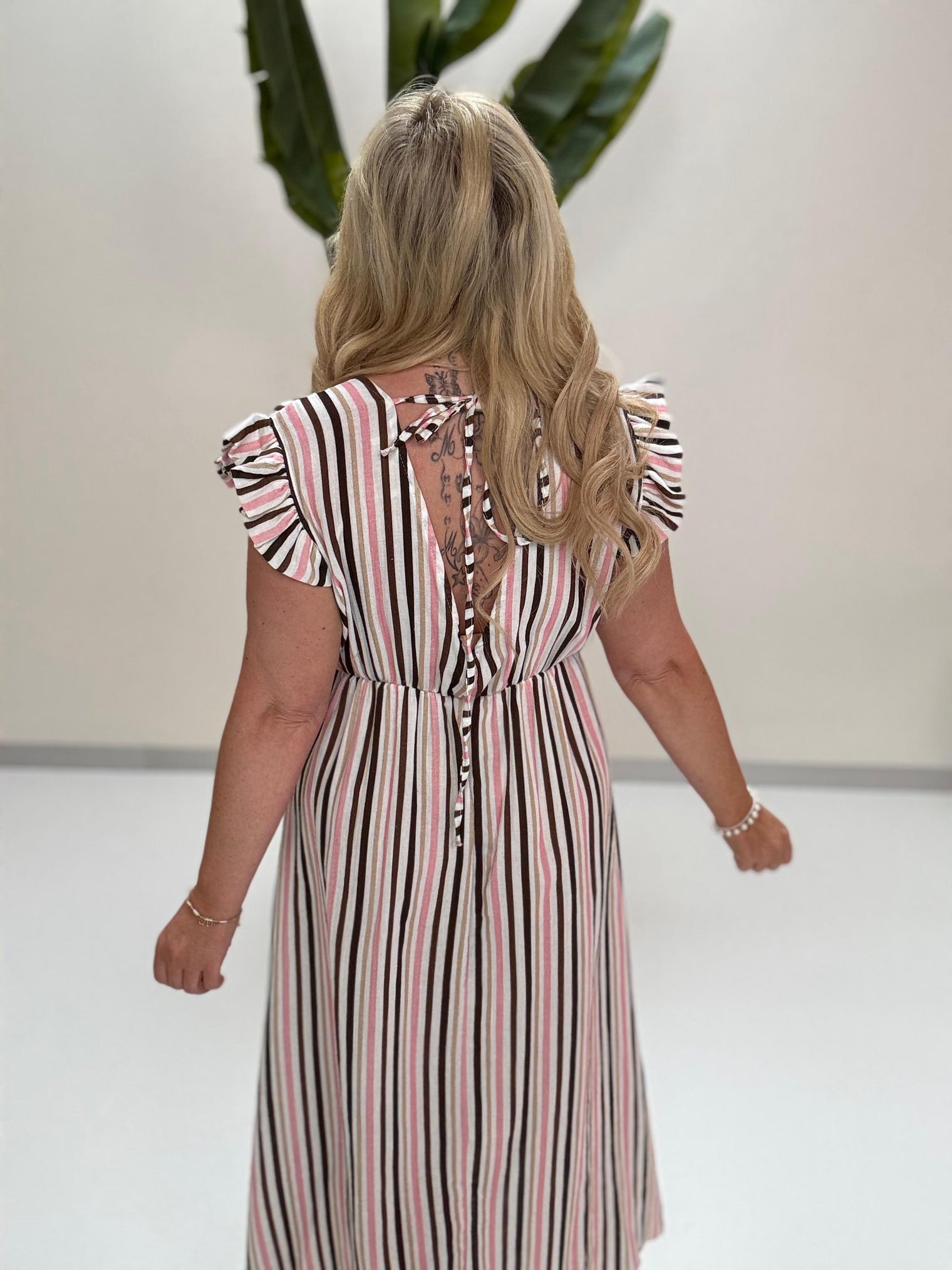 Signature Musselin Kleid weiß SMALL STRIPES braun/beige/rosa