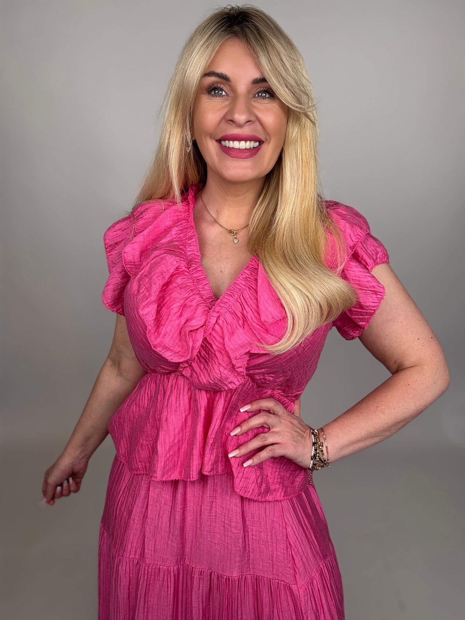 ärmellose Bluse Volants mit Gummizug Hot Fuchsia