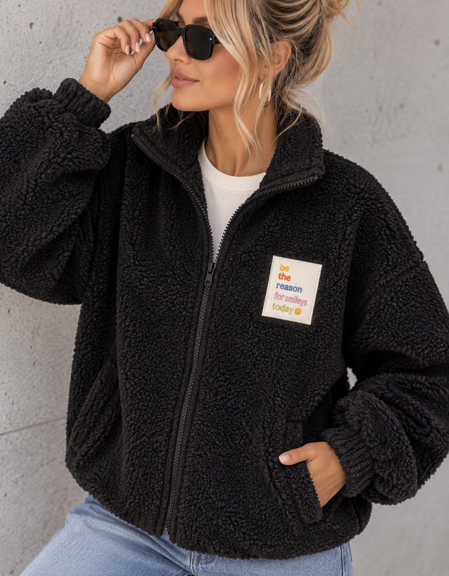 TEDDY Jacke mit Reißverschluss & Patch BE THE REASON schwarz
