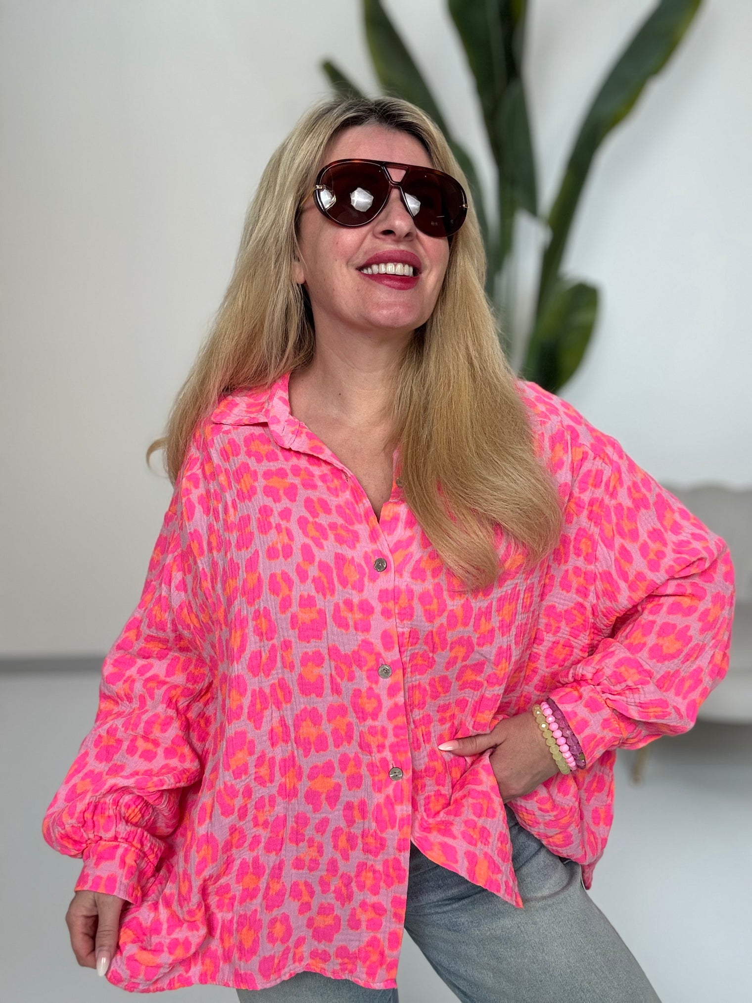 Musselin Bluse rosa LEO POWER hot rosa mit pink orange