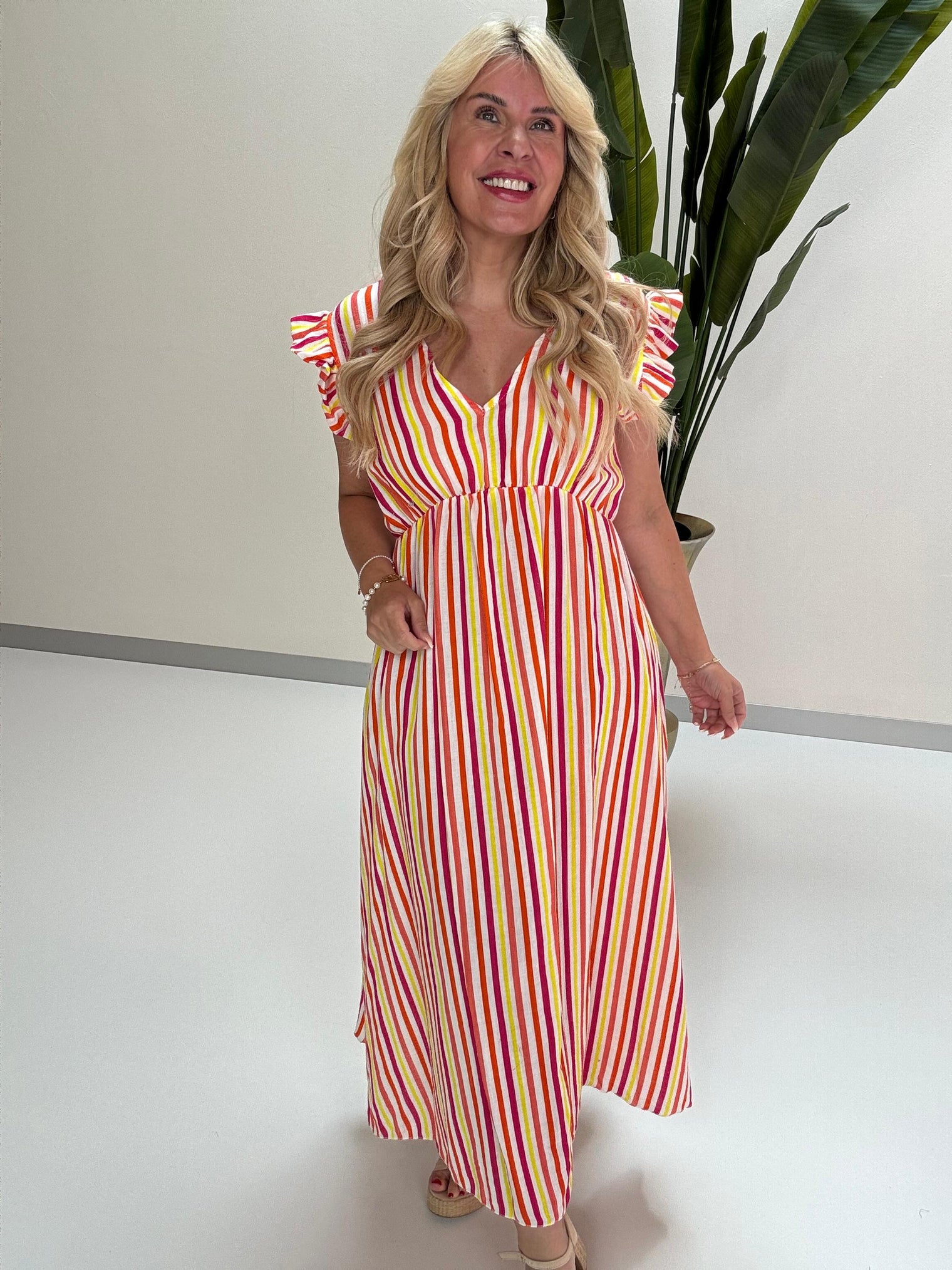 Signature Musselin Kleid weiß SMALL STRIPES fuchsia/orange/gelb/weiß