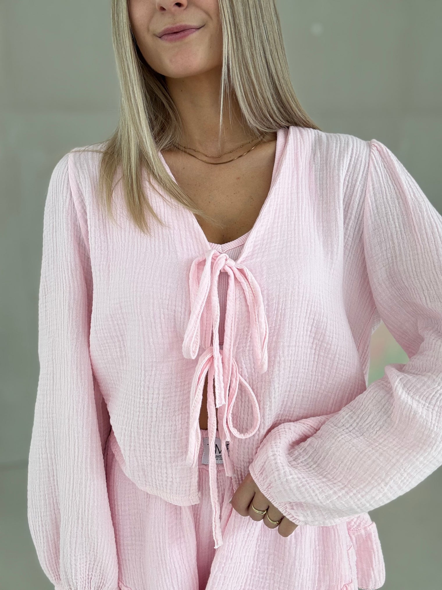 Musselin Bluse BALLERINA ROSA mit Schleifchen Cropped