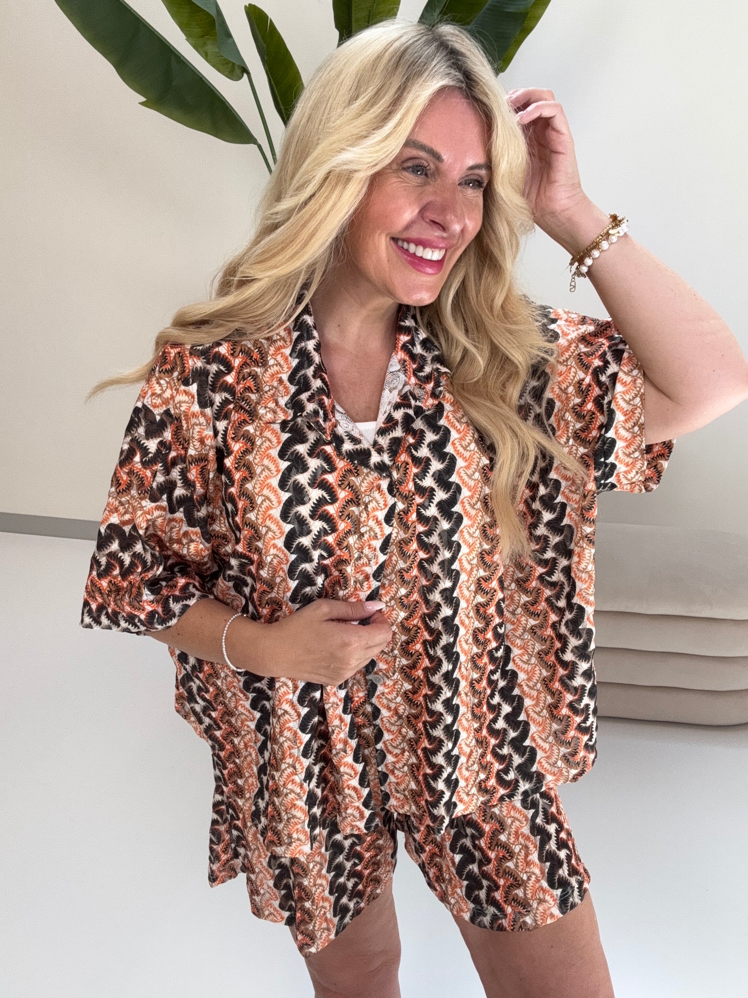 Sommer Bluse kurzarm SUMMER HOT schwarz/braun/orange