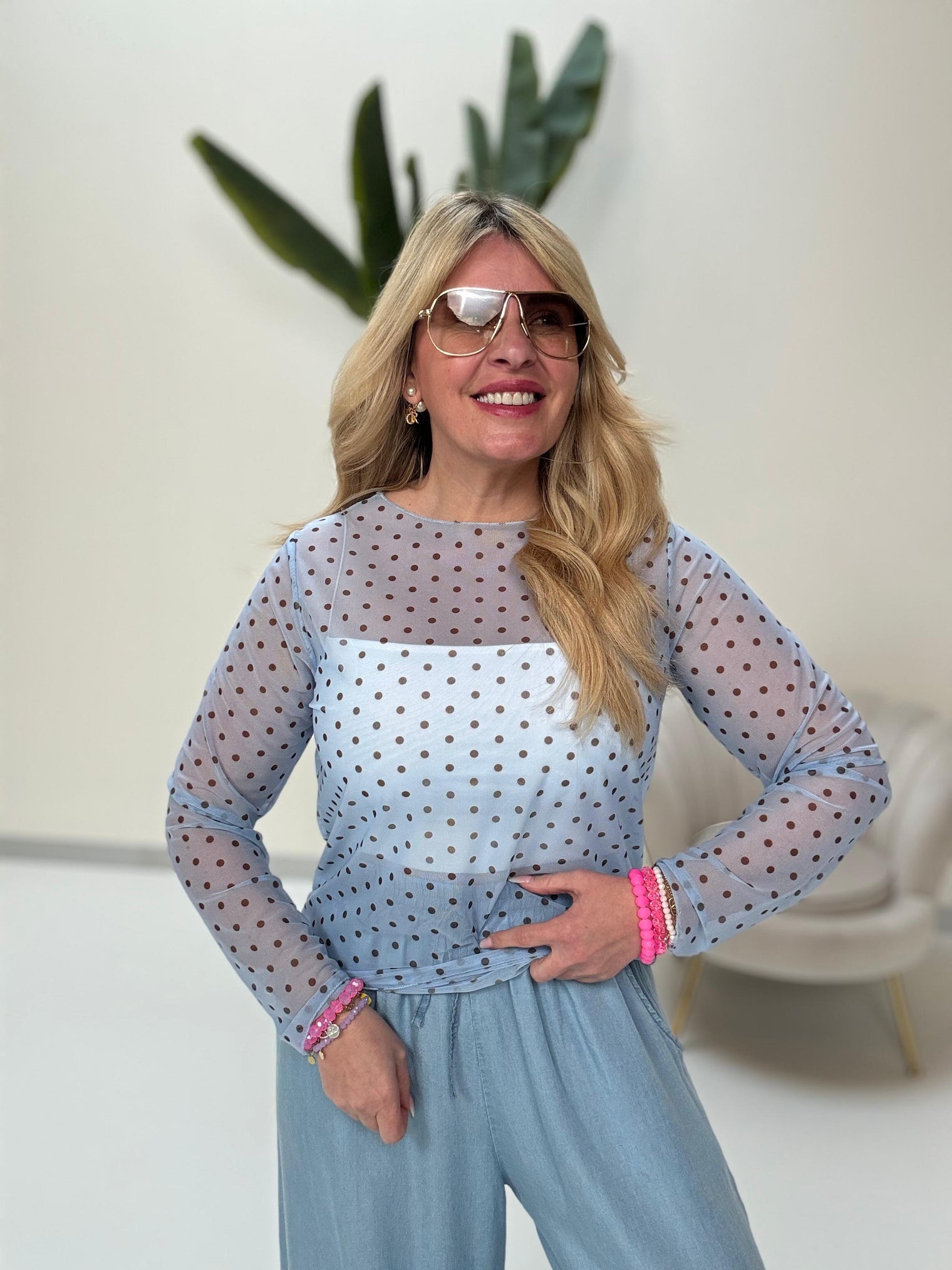 Mesh Langarmshirt POLKA POWER hellblau