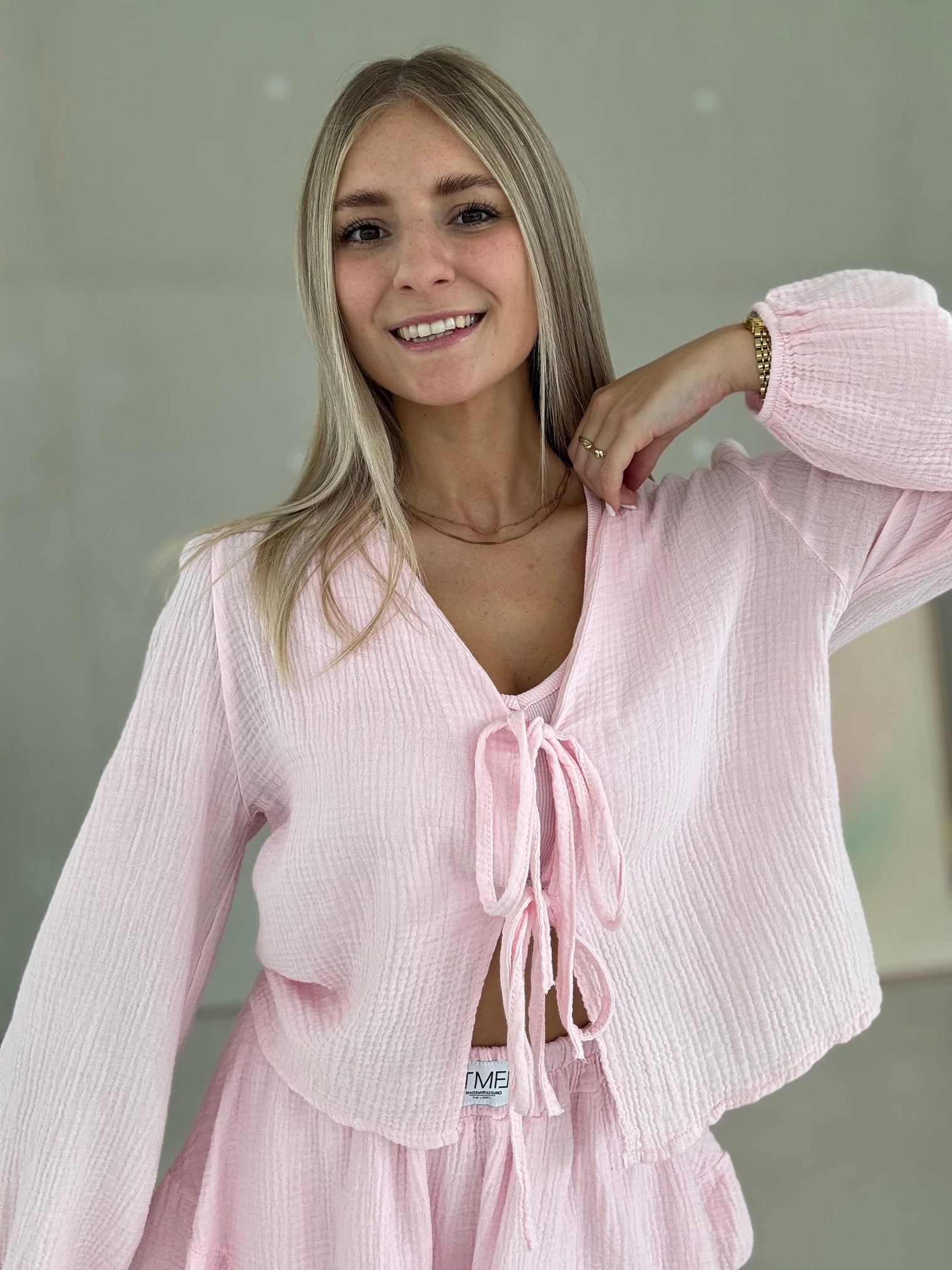 Musselin Bluse BALLERINA ROSA mit Schleifchen Cropped