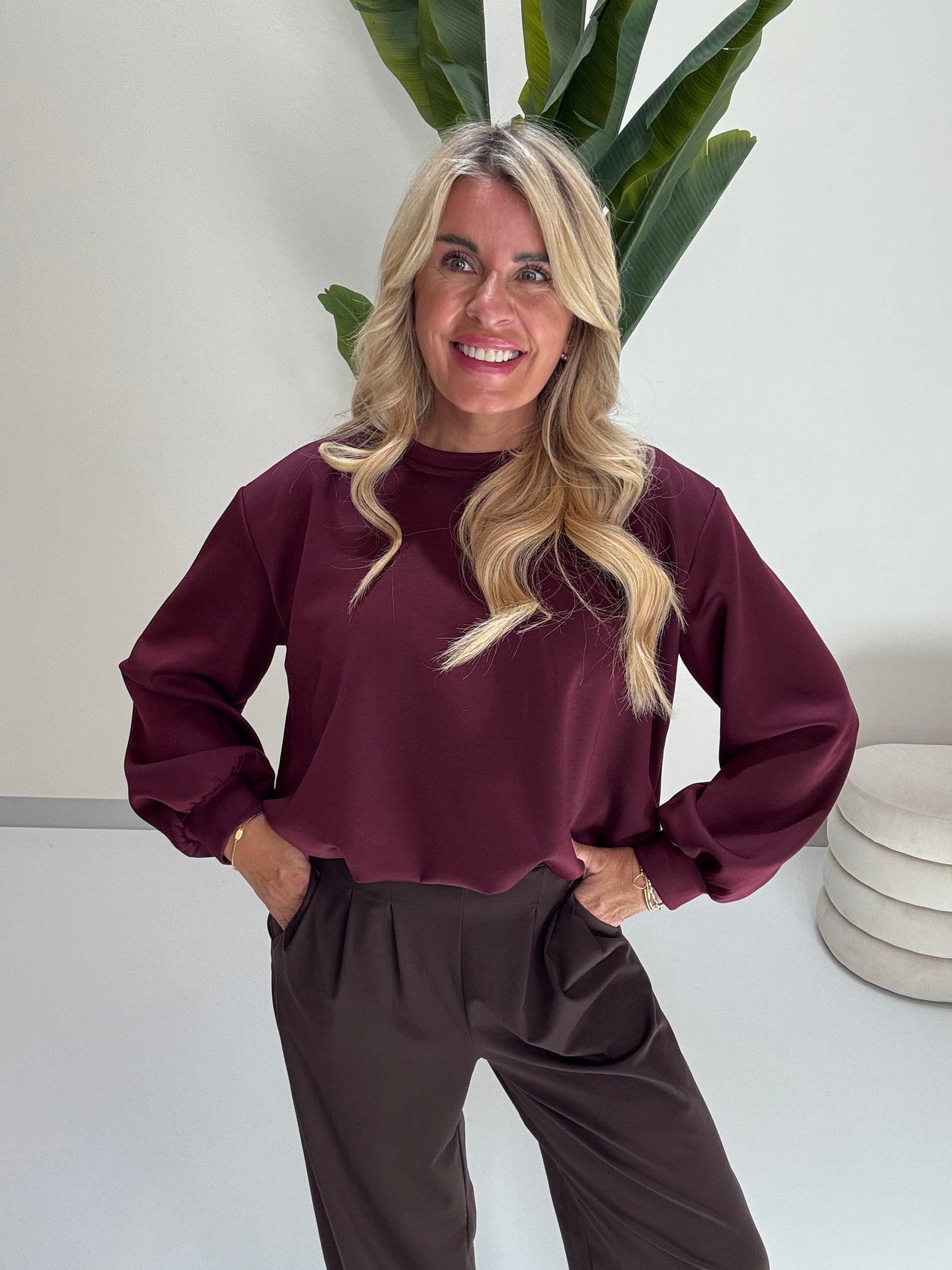 Butterstoff Pullover mit Gummizug unten burgundy