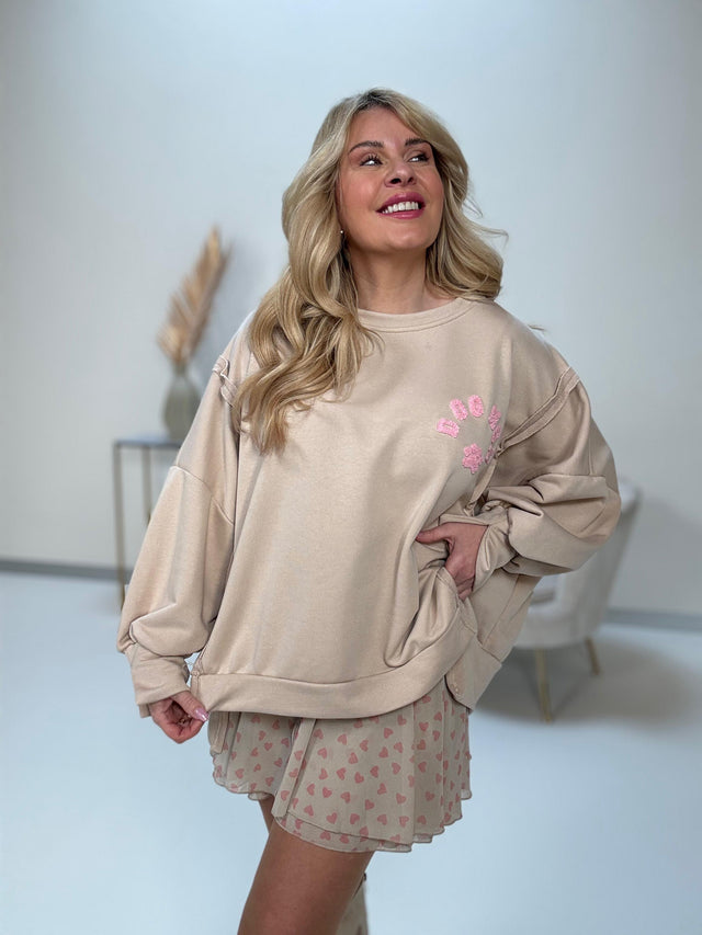 Oversize Sweater taupe DOG MUM rosa
