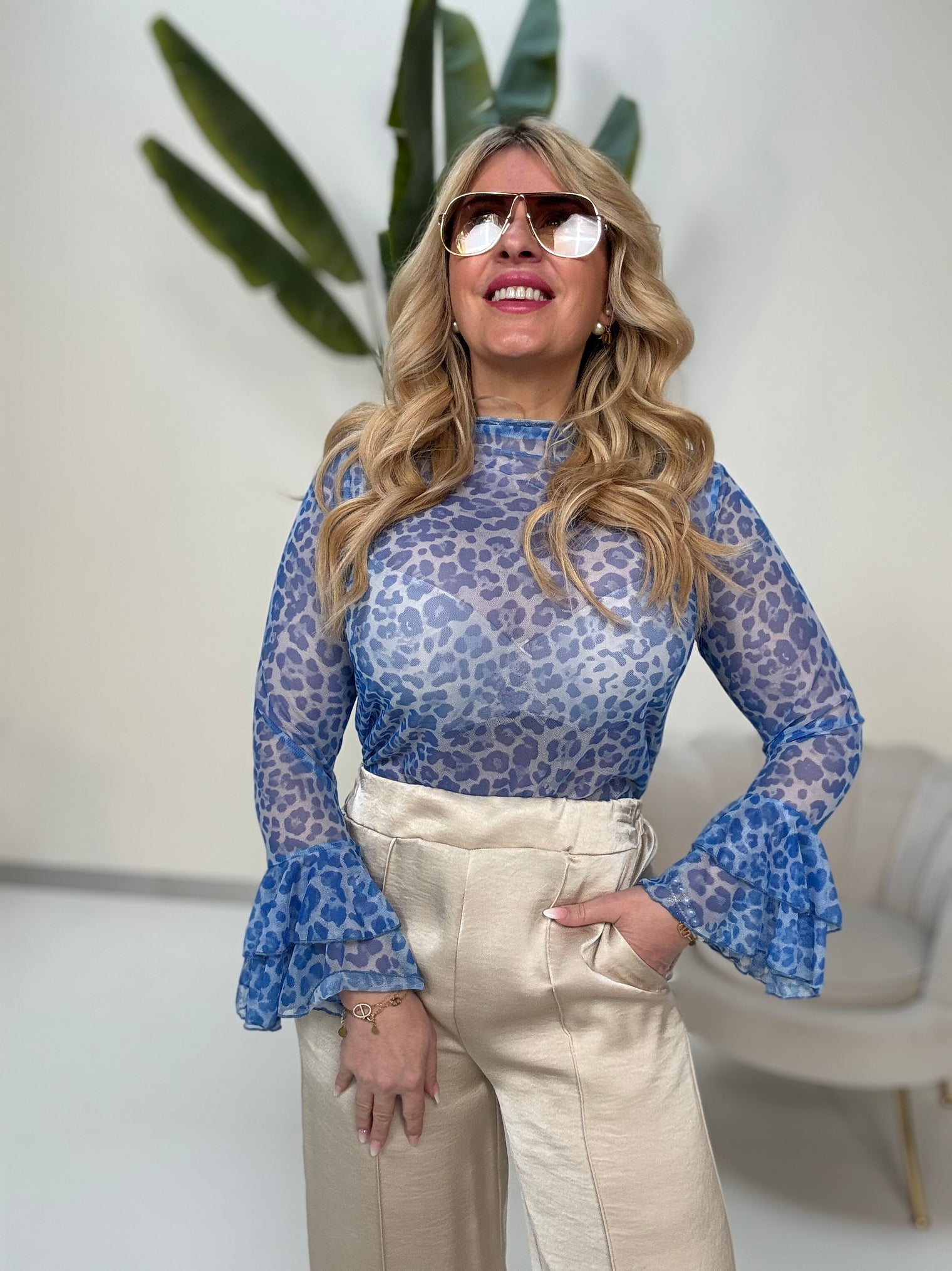 Mesh Langarmshirt WILD GIRL blau leo